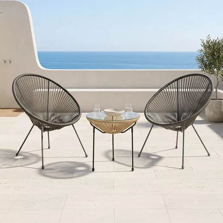 Acapulco pakoworld Outdoor Lounge Chair set 3 pieces black metal frame with PE rattan in natural color D50x52 cm