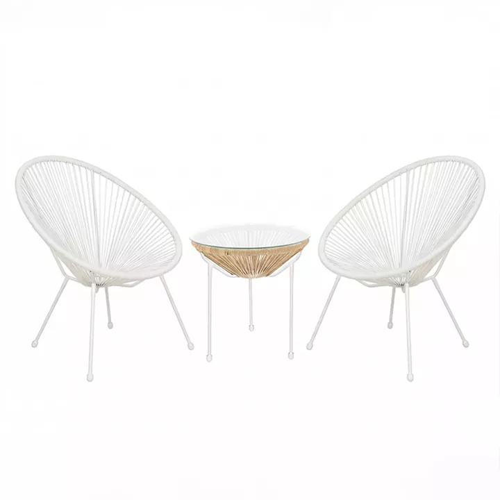 Acapulco pakoworld Outdoor Lounge Chair set 3 pieces white metal frame with PE rattan in natural color D50x52 cm