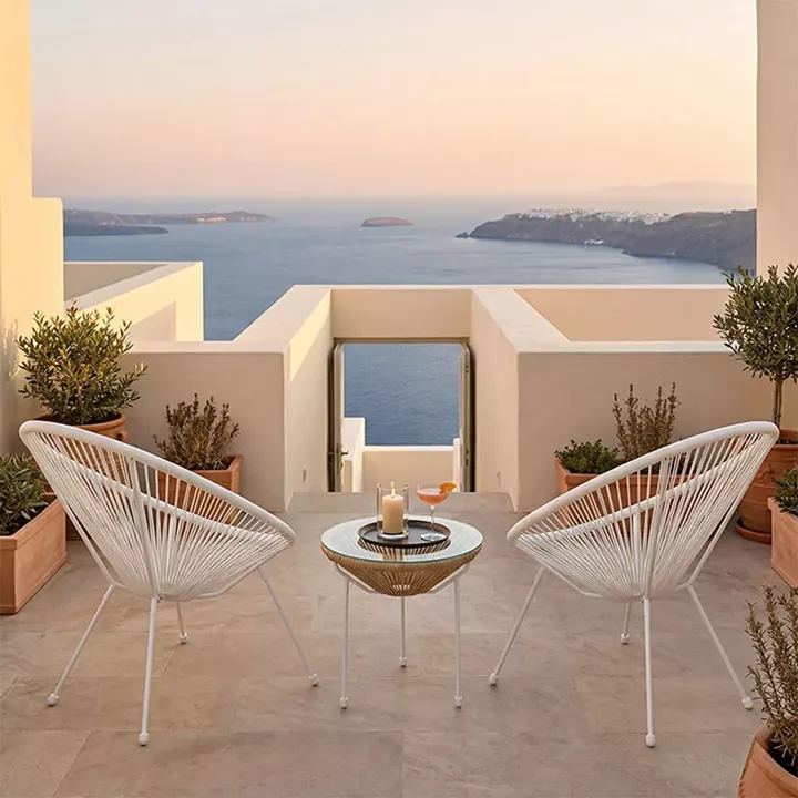 Acapulco pakoworld Outdoor Lounge Chair set 3 pieces white metal frame with PE rattan in natural color D50x52 cm