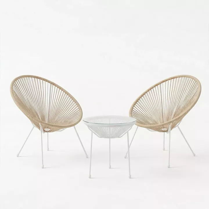 Acapulco pakoworld Outdoor Lounge Chair set 3 pieces white metal frame with PE rattan in natural color D50x52 cm