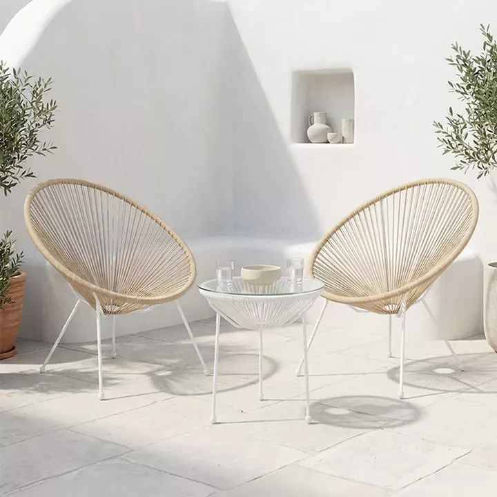 Acapulco pakoworld Outdoor Lounge Chair set 3 pieces white metal frame with PE rattan in natural color D50x52 cm