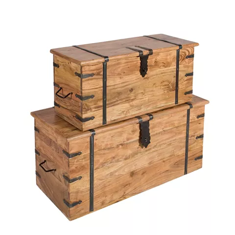 Artekko Ξύλινα Μασίφ Μπαούλα σε Μελί Απόχρωση με Μεταλλικές Λεπτομέρειες (44x101x46)cm (33x84x38)cm 2pcs