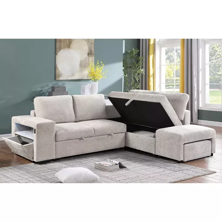 FLEXY Καναπές Αριστερή Γωνία - Κρεβάτι, με Χώρους Αποθήκευσης φωτιζόμενο, Ύφασμα Μπεζ