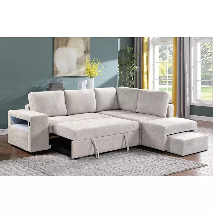 FLEXY Καναπές Αριστερή Γωνία - Κρεβάτι, με Χώρους Αποθήκευσης φωτιζόμενο, Ύφασμα Μπεζ