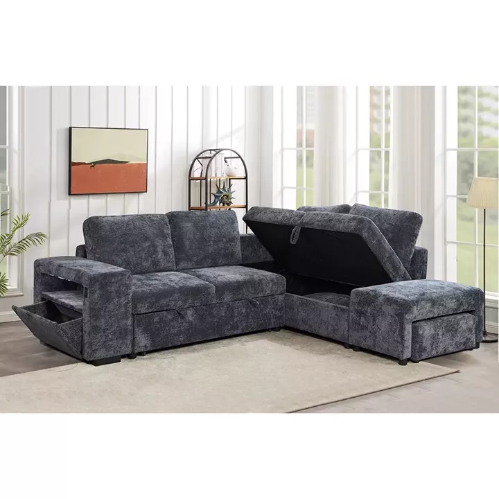 FLEXY Καναπές Αριστερή Γωνία - Κρεβάτι, με Χώρους Αποθήκευσης φωτιζόμενο, Ύφασμα Ανθρακί
