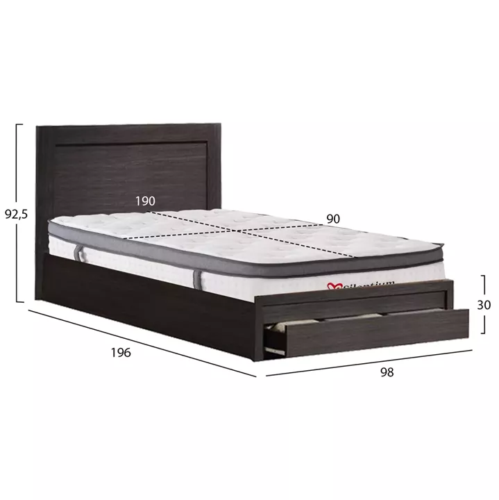 SINGLE BED WITH DRAWER & MATTRESS MELANY HM10745.01 MELAMINE IN ZEBRANO--FOR 90x190cm.