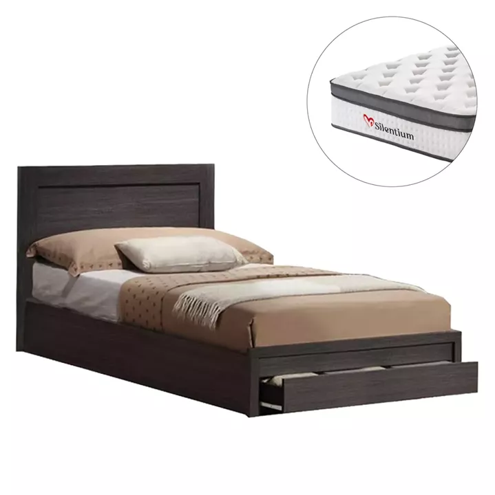 SINGLE BED WITH DRAWER & MATTRESS MELANY HM10745.01 MELAMINE IN ZEBRANO--FOR 90x190cm.