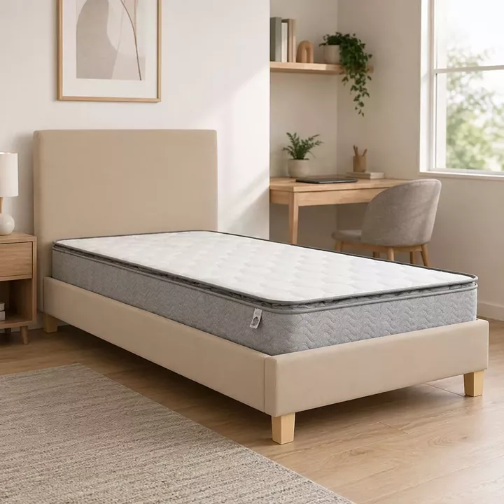 Bed with mattress Nevil-Perfecto pakoworld fabric ecru- leg natural shade 90x190cm