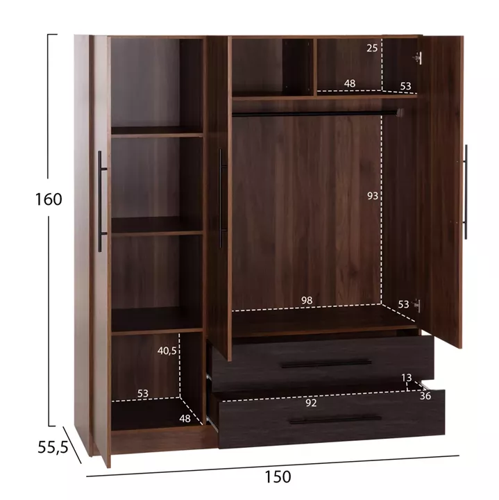WARDROBE 3-LEAF WITH 2 DRAWERS CARYS HM746.11 MELAMINE IN WALNUT/WENGE 150x55.5x160Hcm