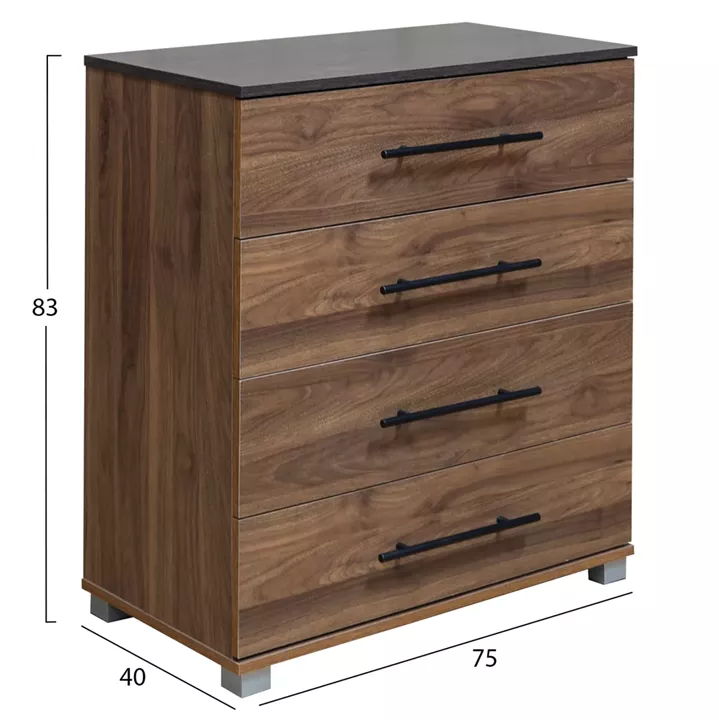 CHEST OF (4) DRAWERS CARYS HM745.11 MELAMINE IN WALNUT/WENGE 75.5x40x83Hcm.