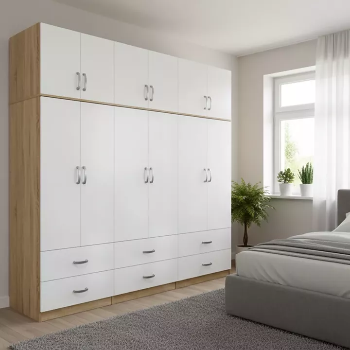 Six-door wardrobe with drawers and loft Athos pakoworld sonoma-white 240x42x240cm