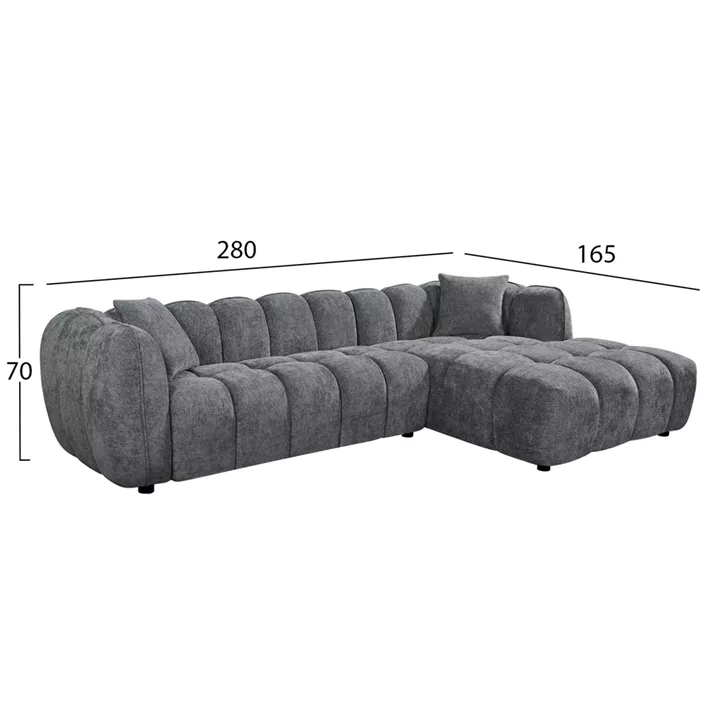 ΚΑΝΑΠΕΣ ΓΩΝΙΑ (ΔΕΞΙΑ) LYKKE HM3326.01R ΓΚΡΙ ΥΦΑΣΜΑ 280x89-165(η γωνία)x70Υεκ