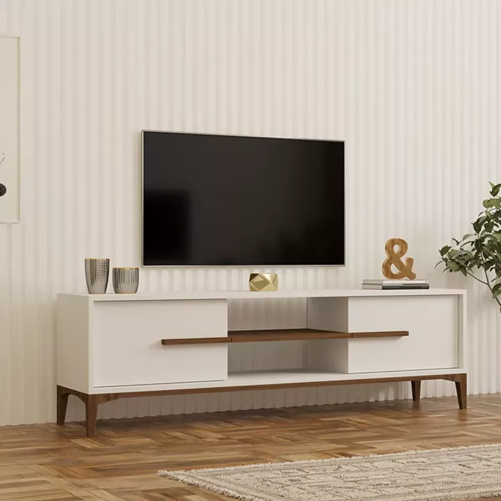 Tv stand Eslem pakoworld white with walnut color 160x34.6x45cm
