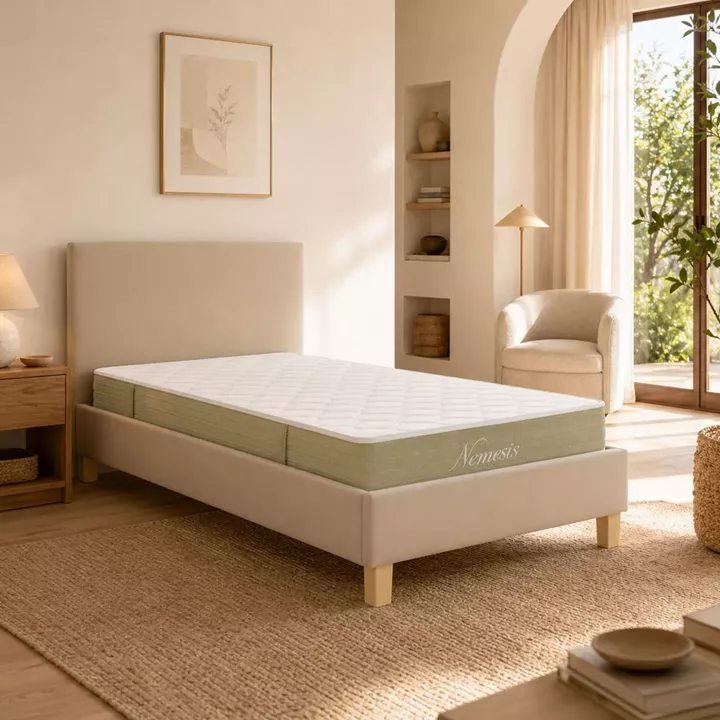 Bed with mattress Nevil-Nemesis pakoworld fabric beige - wooden leg in natural shade 100x200cm