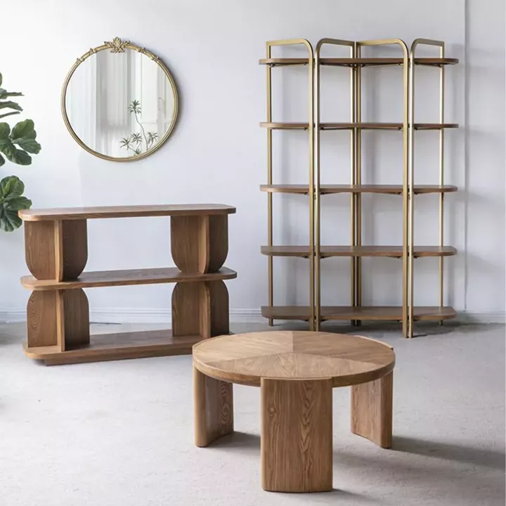 Artekko Lume Καφέ MDF Ραφιέρα με Χρυσό Μεταλλικό Σκελετό (121.5x40x179)cm