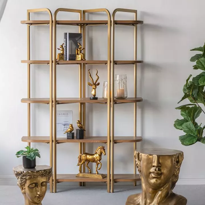 Artekko Lume Καφέ MDF Ραφιέρα με Χρυσό Μεταλλικό Σκελετό (121.5x40x179)cm