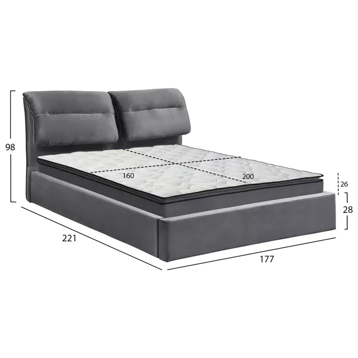 DOUBLE BED WITH MATTRESS KENDRA HM10720.01 GREY VELVET WITH STORAGE SPACE--FOR 160x200cm