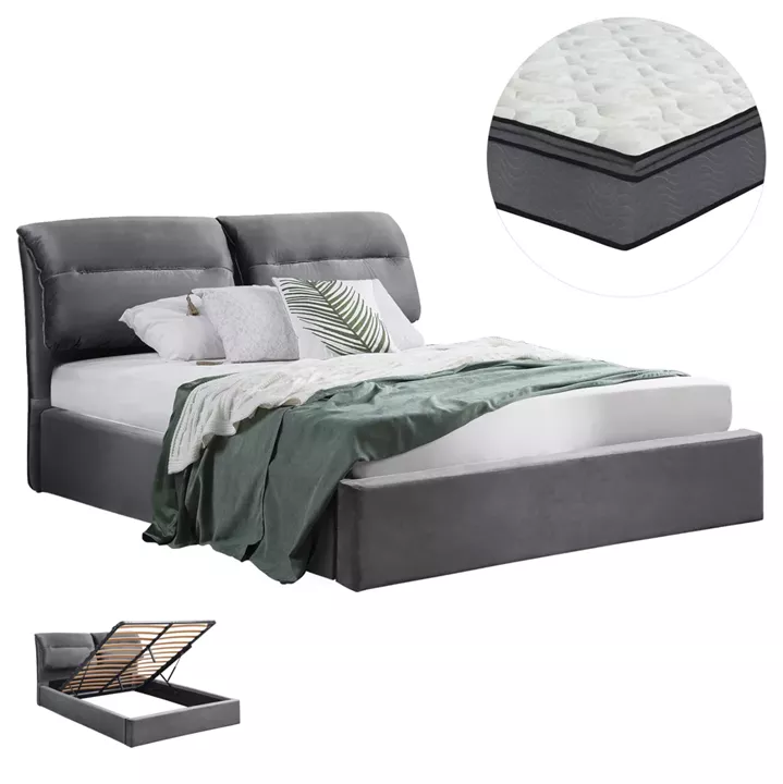 DOUBLE BED WITH MATTRESS KENDRA HM10720.01 GREY VELVET WITH STORAGE SPACE--FOR 160x200cm