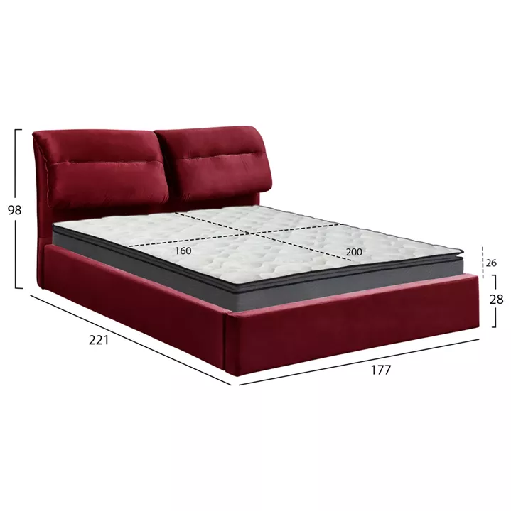 DOUBLE BED & MATTRESS KENDRA HM10720.06 BURGUNDY RED VELVET WITH STORAGE SPACE--FOR 160x200cm