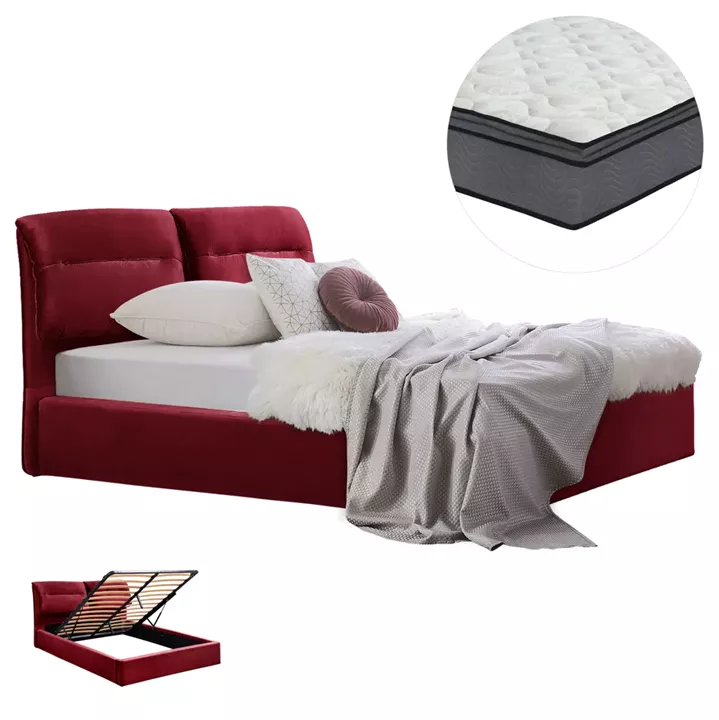 DOUBLE BED & MATTRESS KENDRA HM10720.06 BURGUNDY RED VELVET WITH STORAGE SPACE--FOR 160x200cm