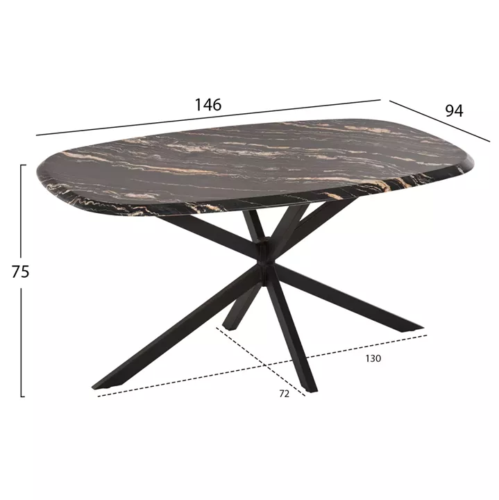 DINING TABLE OVAL RODDEN HM11903.02 WERZALIT TABLETOP IN BLACK/GOLD MARBLE LOOK-BLACK METAL BASE 146x94x75Hcm.