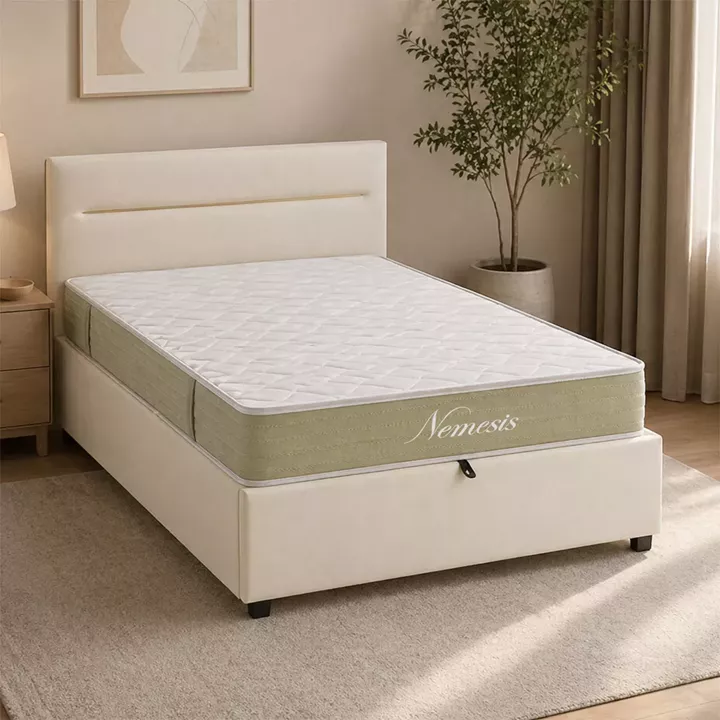 Bed with mattress and storage space Molito-Nemesis pakoworld velvet ecru 120x200cm