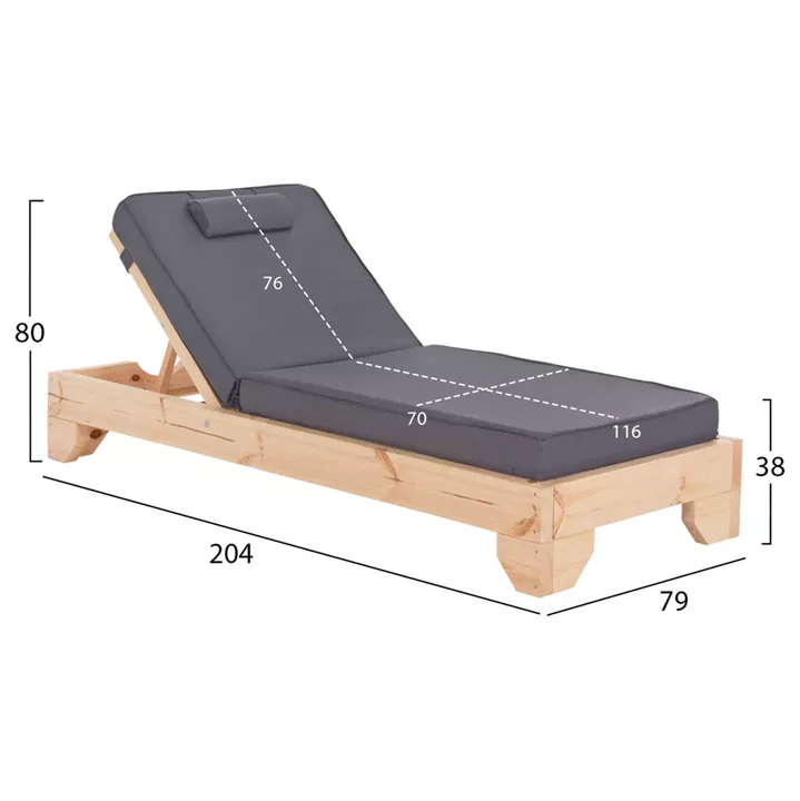 BEACH LOUNGER WITH CUSHION KORINOS HM10777.30T PINE WOOD--TEXTILENE COVER IN GREY 79x204x80Hcm.