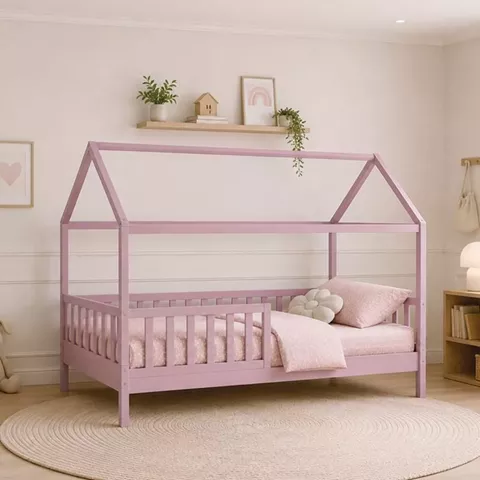 DREAM τ.Montessori Παιδικό Κρεβάτι με Στρώμα 90x190/19cm, Ξύλο Πεύκου Απόχρωση Ροζ