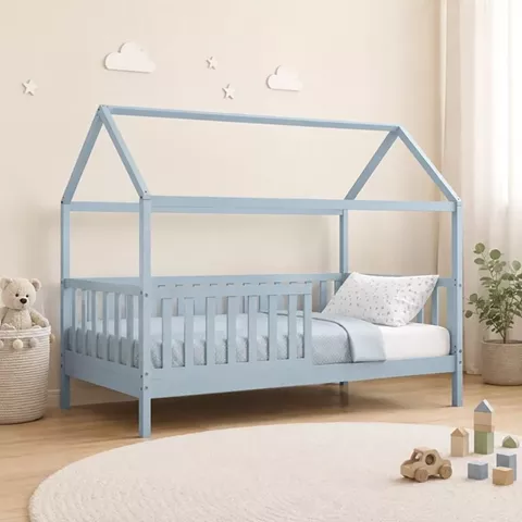 DREAM τ.Montessori Παιδικό Κρεβάτι με Στρώμα 90x190/19cm, Ξύλο Πεύκου Απόχρωση Γαλάζιο