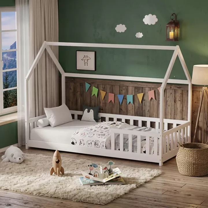 Children's bed Bambie with railing Montessori pakoworld pine wood white 70x140cm