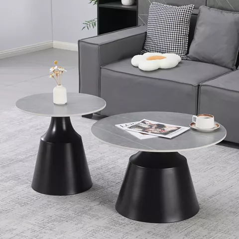Τραπέζια σαλονιού Sculpt pakoworld σετ 2τεμ μέταλλο μαύρο- sintered stone γκρι μάρμαρο