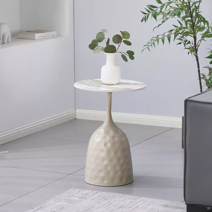 Βοηθητικό τραπέζι Amphora pakoworld μέταλλο cappuccino- τραβερτίνα με όψη μαρμάρου Φ40x60εκ