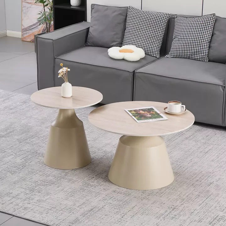Τραπέζια σαλονιού Sculpt pakoworld σετ 2τεμ μέταλλο cappuccino- sintered stone σε όψης τραβερτίνης