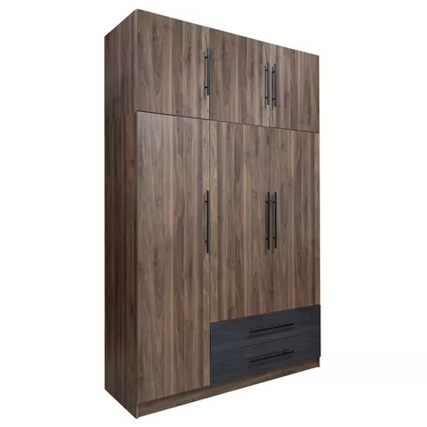 WARDROBE 3-LEAF WITH UPPER CABINET (LOFT) CARYS HM10887.11 MELAMINE IN WALNUT/ZEBRANO 150x55.5x240Hcm