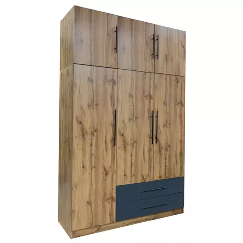WARDROBE 3-LEAF WITH UPPER CABINET (LOFT) CARYS HM10887.12 MELAMINE IN NATURAL/GREY 150x55.5x240Hcm