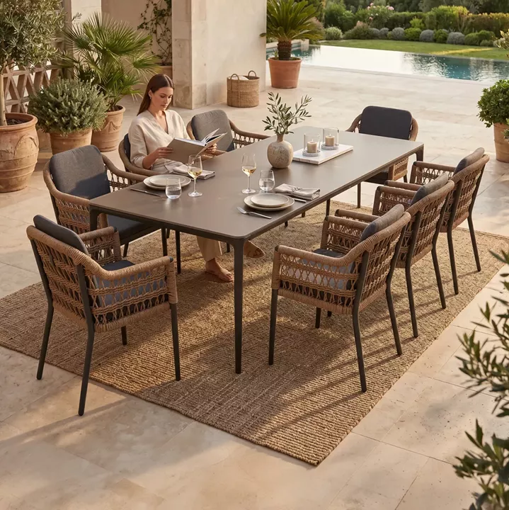 OUTDOOR DINING SET 9PCS STAD HM10865.01 GREY ALUMINUM-SINTERED STONE TOP-OLEFIN FABRIC