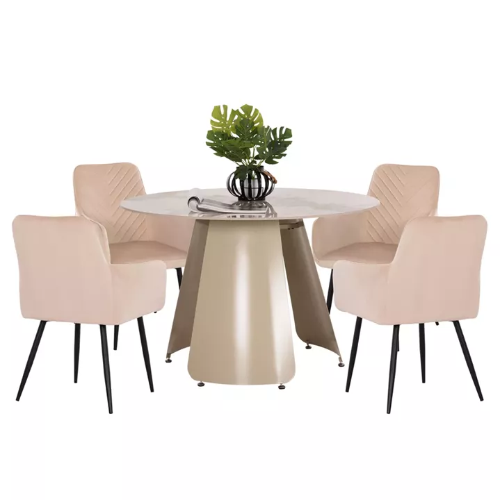 DINING SET 5PCS SEDAR HM10868 ROUND DINING TABLE & 4 DINING CHAIRS- ECRU
