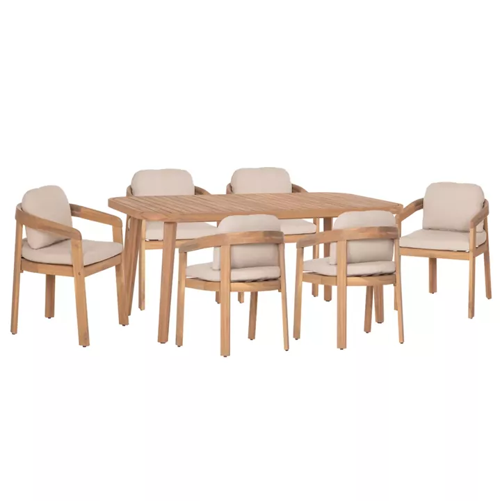OUTDOOR DINING SET 7PCS CRAVIN HM10903 ACACIA WOOD IN NATURAL--CUSHIONS IN BEIGE