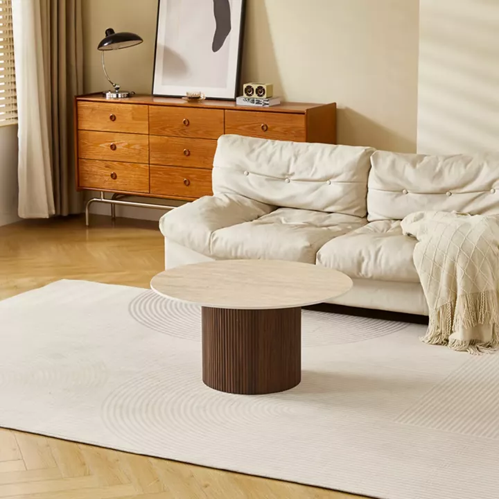 Sikulu pakoworld mdf walnut table - beige travertine finish D80x40cm