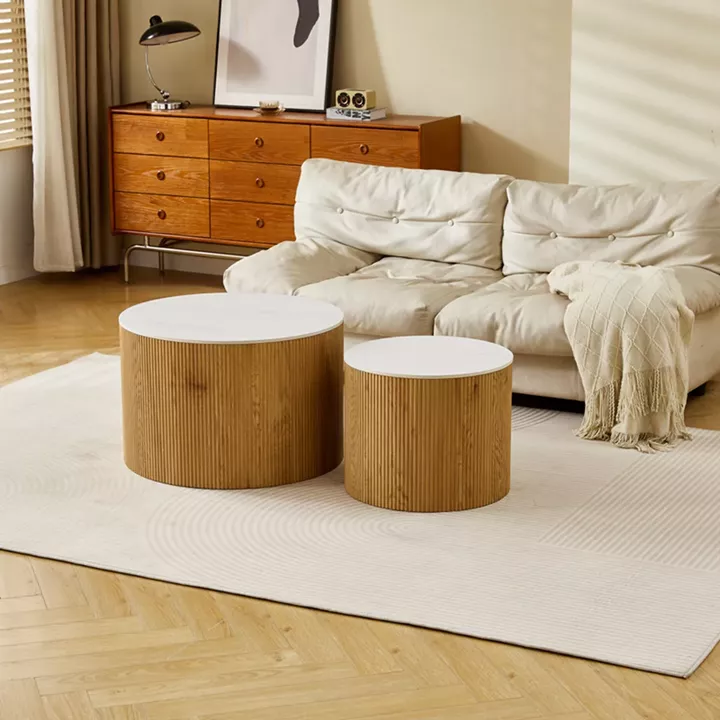 Coffee tables Nelba pakoworld 2pcs mdf oak - ceramic surface marble look