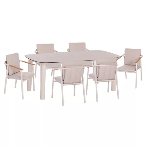 OUTDOOR DINING SET 7PCS SENTI HM10908.02 ALUMINUM IN CREAM WHITE & BEIGE OLEFIN CUSHION COVERS