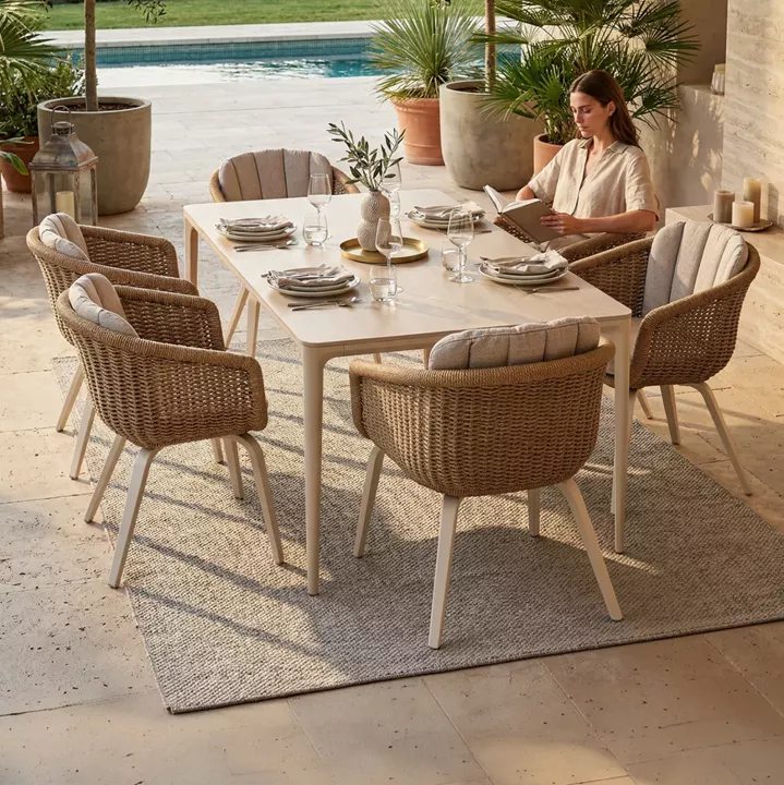 OUTDOOR DINING SET 7PCS VICTUS HM10862.02 BEIGE ALUM. & OLEFIN-WHITE SINTERED STONE--WICKER