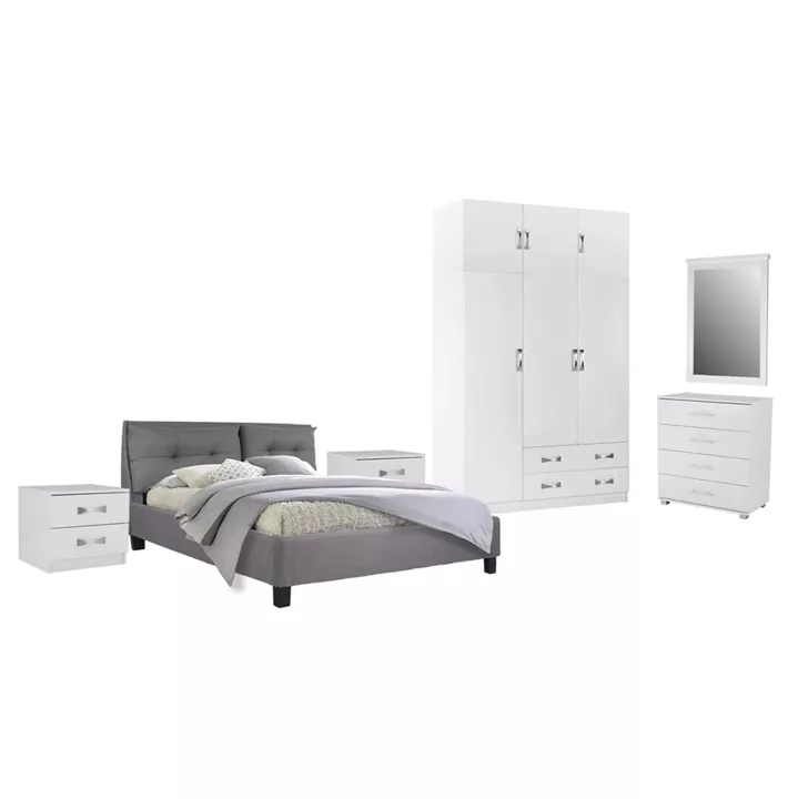 BEDROOM SET 6PCS CARLY HM10884.05 MELAMINE IN WHITE--GREY FABRIC