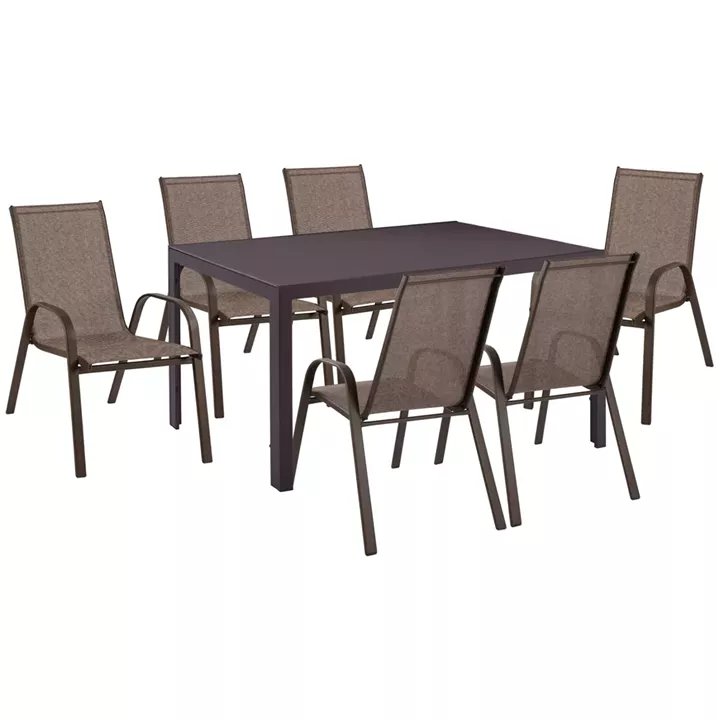 OUTDOOR DINING SET 7PCS LEON HM10856.02 TABLE & 6 CHAIRS--METAL & TEXTILENE IN BROWN