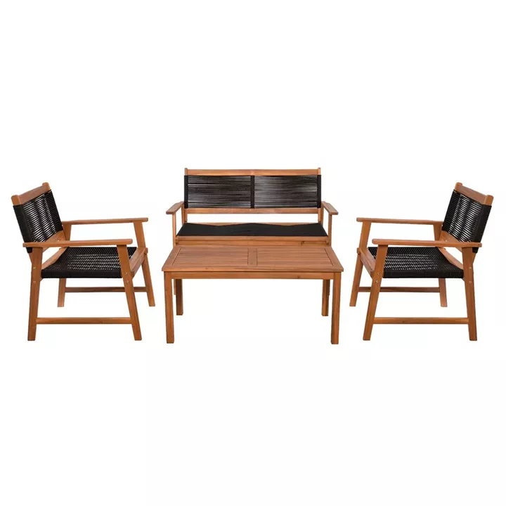 SPRING Set Σαλόνι Κήπου Ακακία Φυσικό, Wicker Μαύρο: Τραπέζι + Καναπέ 2Θέσιο + 2 Πολυθρόνες