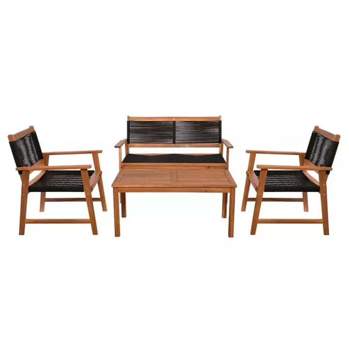 SPRING Set Σαλόνι Κήπου Ακακία Φυσικό, Wicker Μαύρο: Τραπέζι + Καναπέ 2Θέσιο + 2 Πολυθρόνες