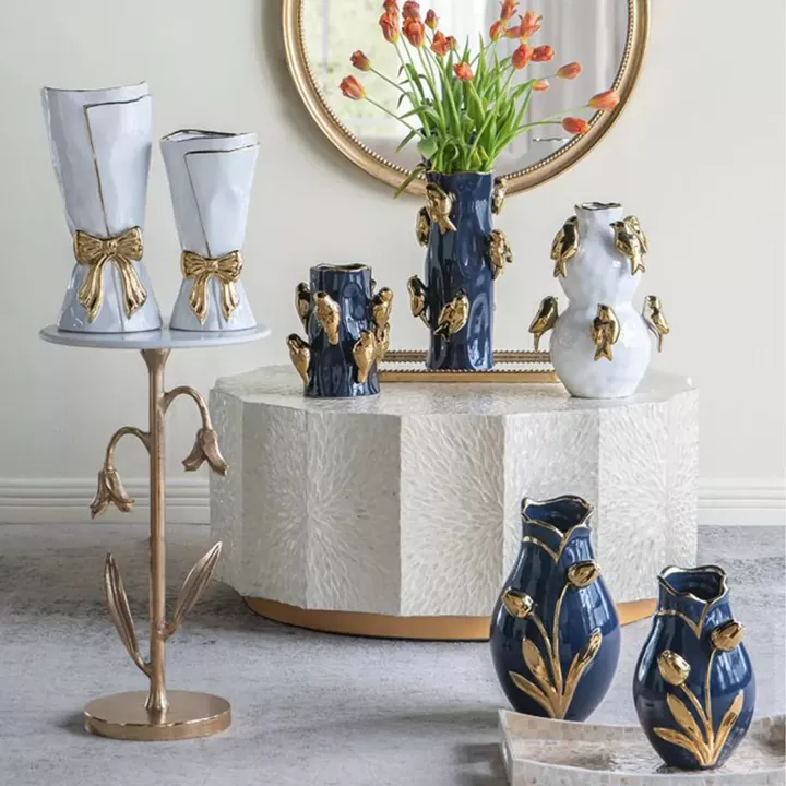 Artekko Glazed Μπλε Κεραμικό Βάζο με Χρυσές Λεπτομέρειες (19x19x28.5)cm