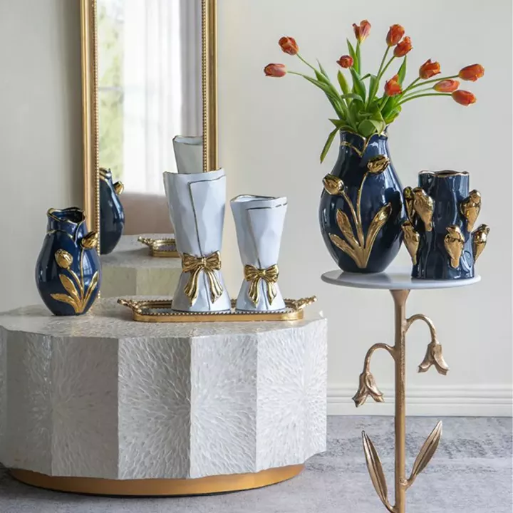 Artekko Glazed Μπλε Κεραμικό Βάζο με Χρυσές Λεπτομέρειες (19x19x28.5)cm
