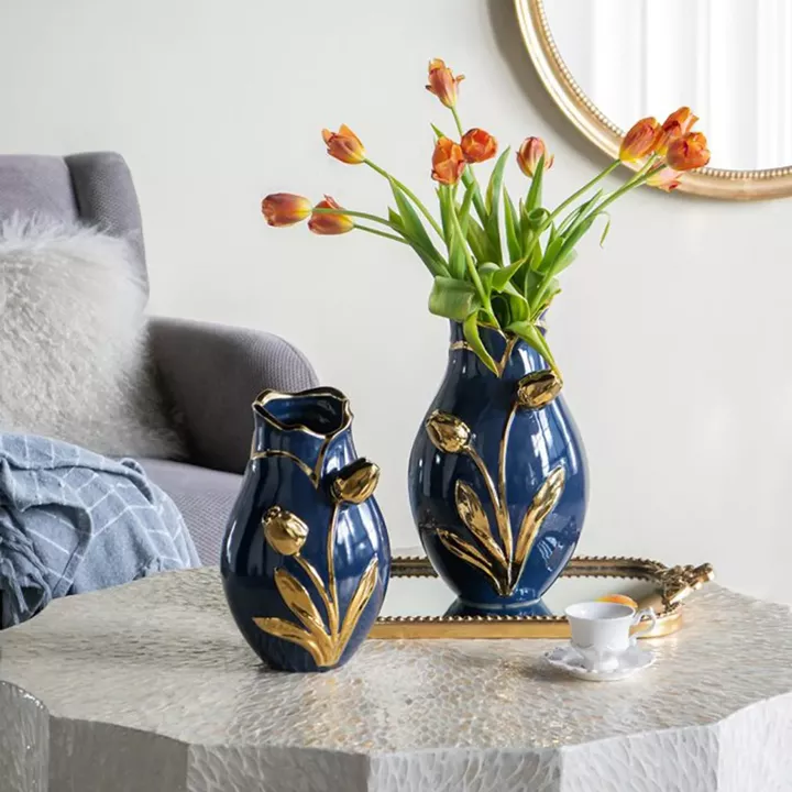 Artekko Glazed Μπλε Κεραμικό Βάζο με Χρυσές Λεπτομέρειες (19x19x28.5)cm