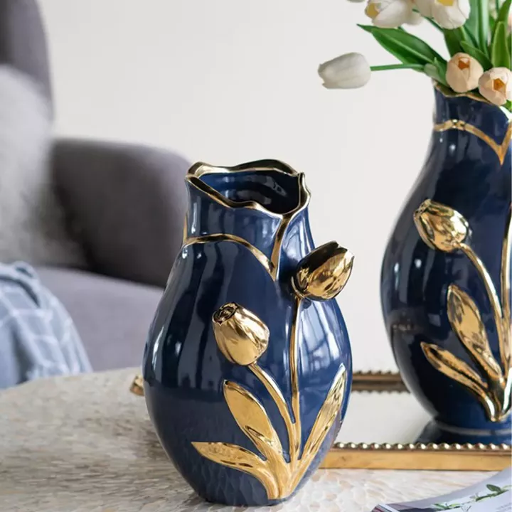 Artekko Glazed Μπλε Κεραμικό Βάζο με Χρυσές Λεπτομέρειες (19x19x28.5)cm